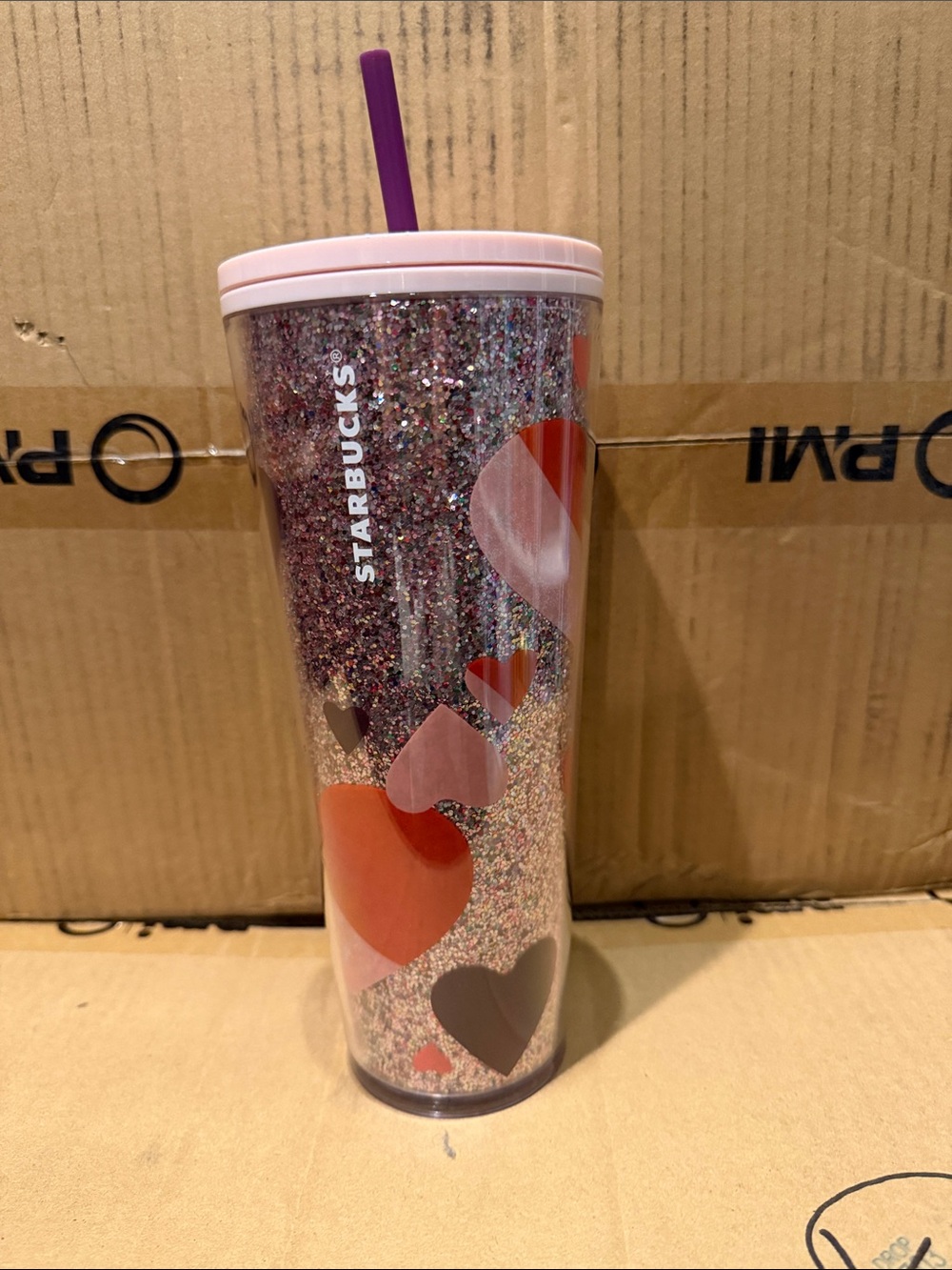 Starbucks Pink Glitter Heart Tumbler with Purple Straw